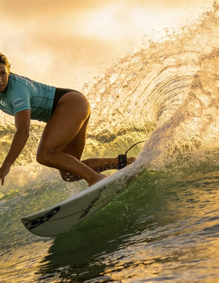 A female surfer performs a powerful turn on an ocean wave during a golden sunset.