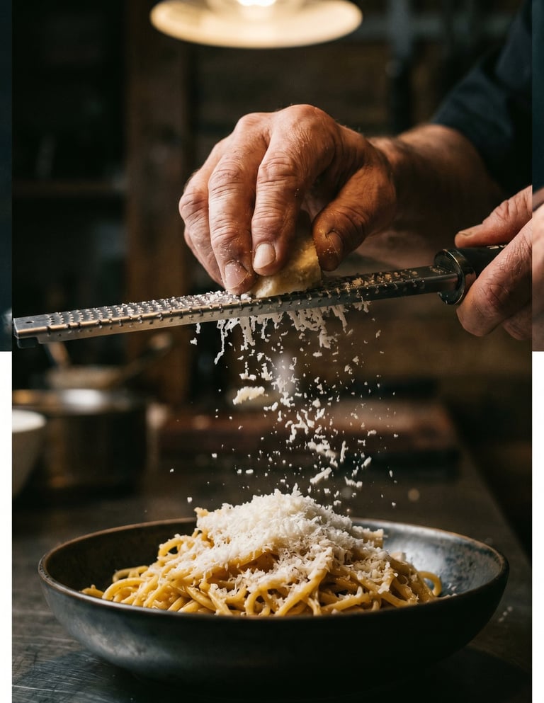 Chef grating fresh parmesan cheese over a bowl of spaghetti pasta in a kitchen.
