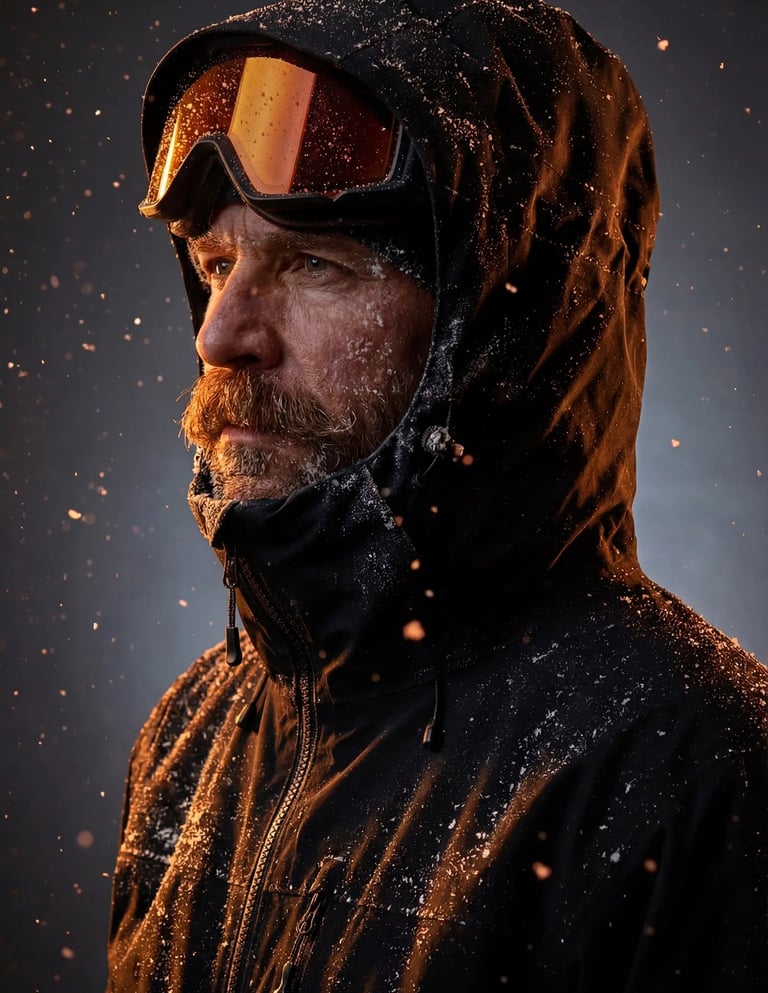 Bearded man in a hooded winter jacket and ski goggles during a snowstorm.