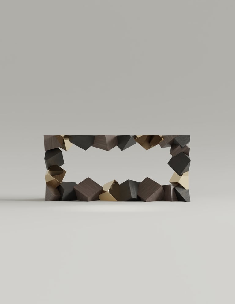 Pyrite Console in walnut and polished brass, interlocking truncated cubes