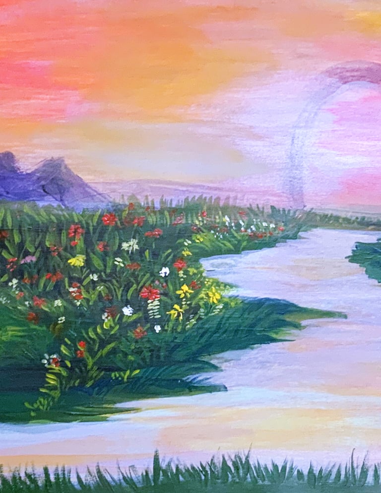 acrylic depiction of a water landscape with touches of vibrant blooming flowers.