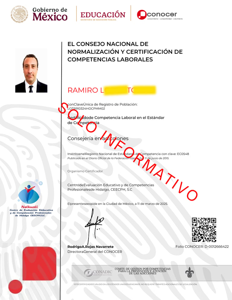 Official Mexican labor competency certificate for Ramiro with CONOCER and SEP logos.