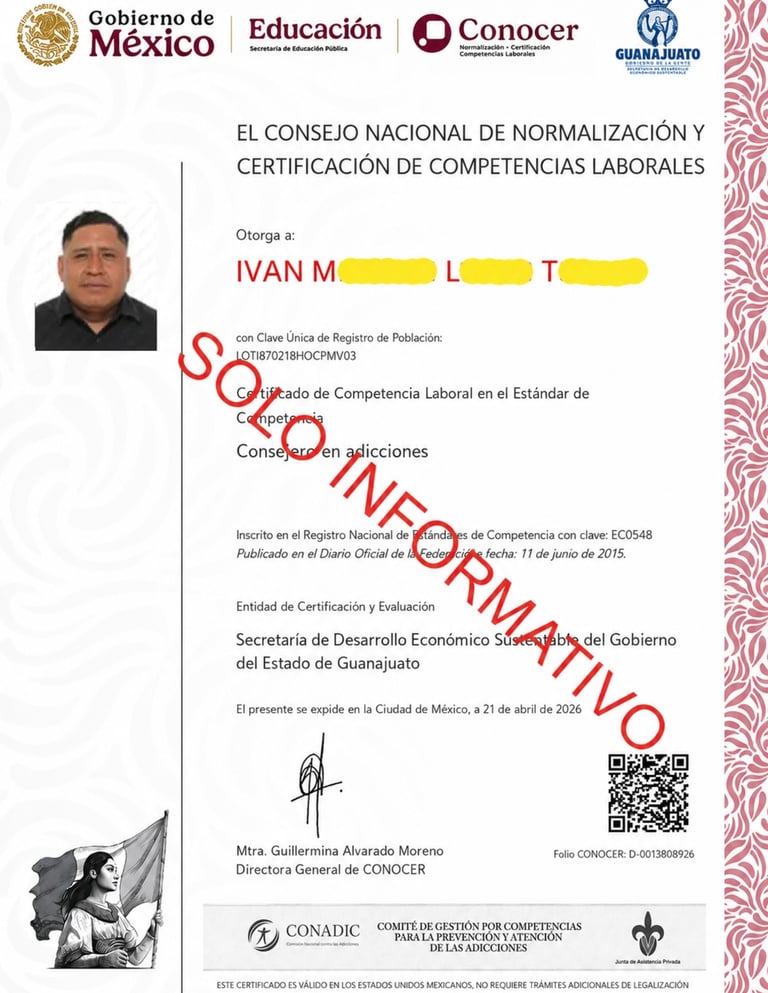 Official CONOCER labor competency certificate for addiction counselor issued by the Mexican government.