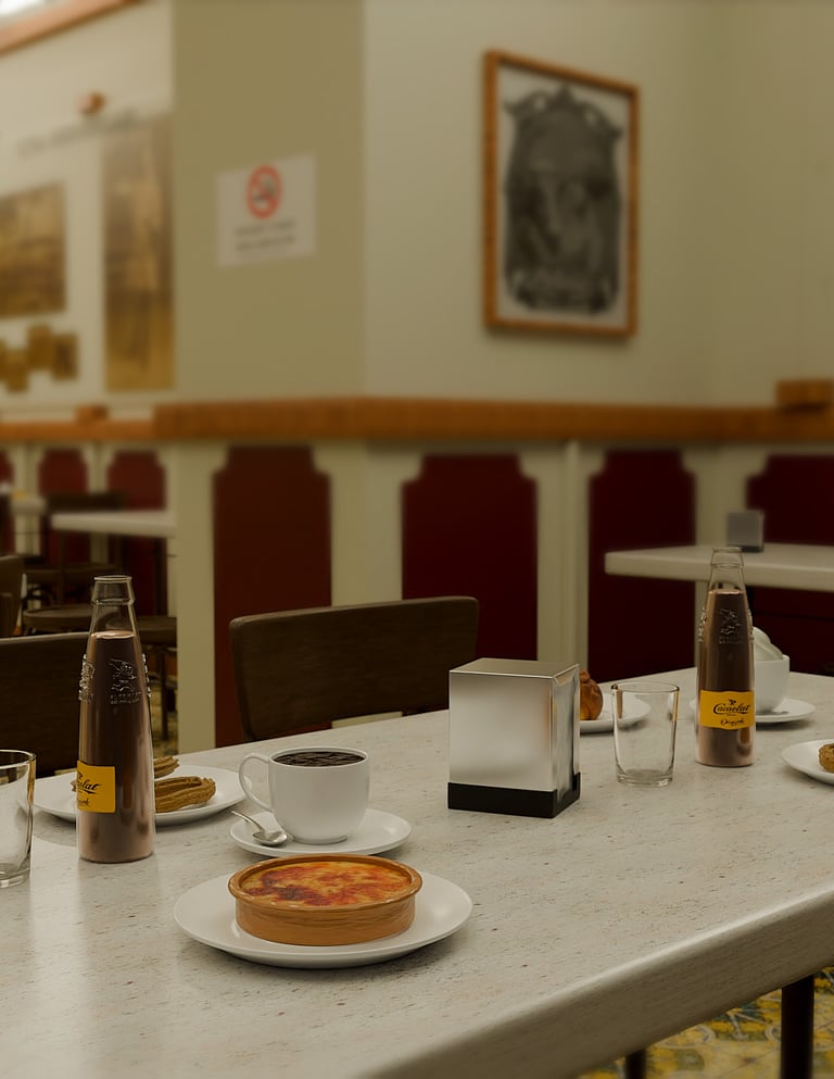 Mesa con cacaolat, crema catalana y chocolate en la Granja m. Viader.
