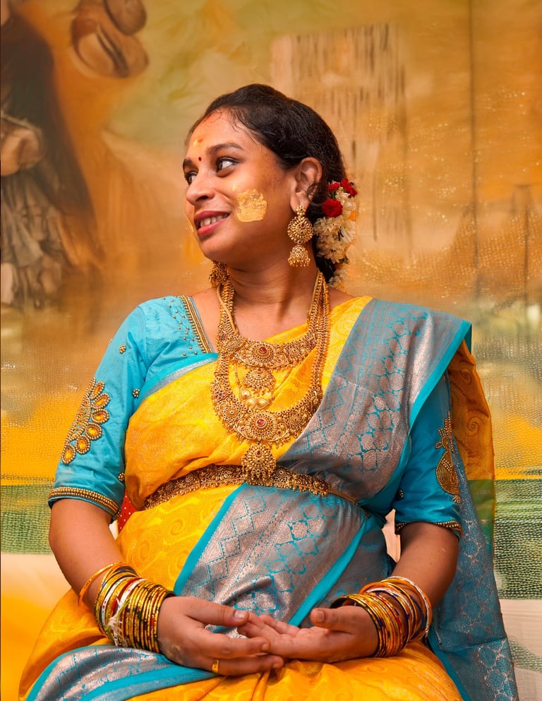 A bride in a blue and yellow silk saree during a pre-wedding photoshoot by Memories and More Photogr