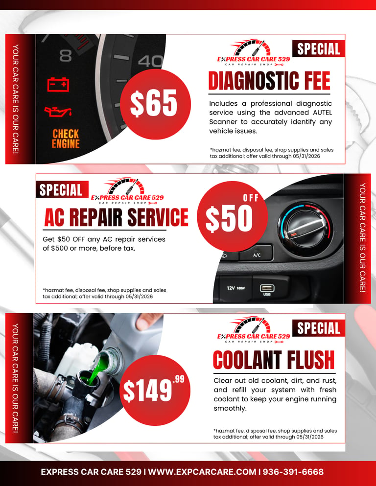 Auto repair coupons for a $65 diagnostic fee, $50 off AC repair, and a $149 coolant flush service.