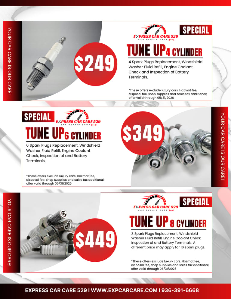 Automotive service coupons for 4, 6, and 8 cylinder engine tune ups including spark plug replacement.