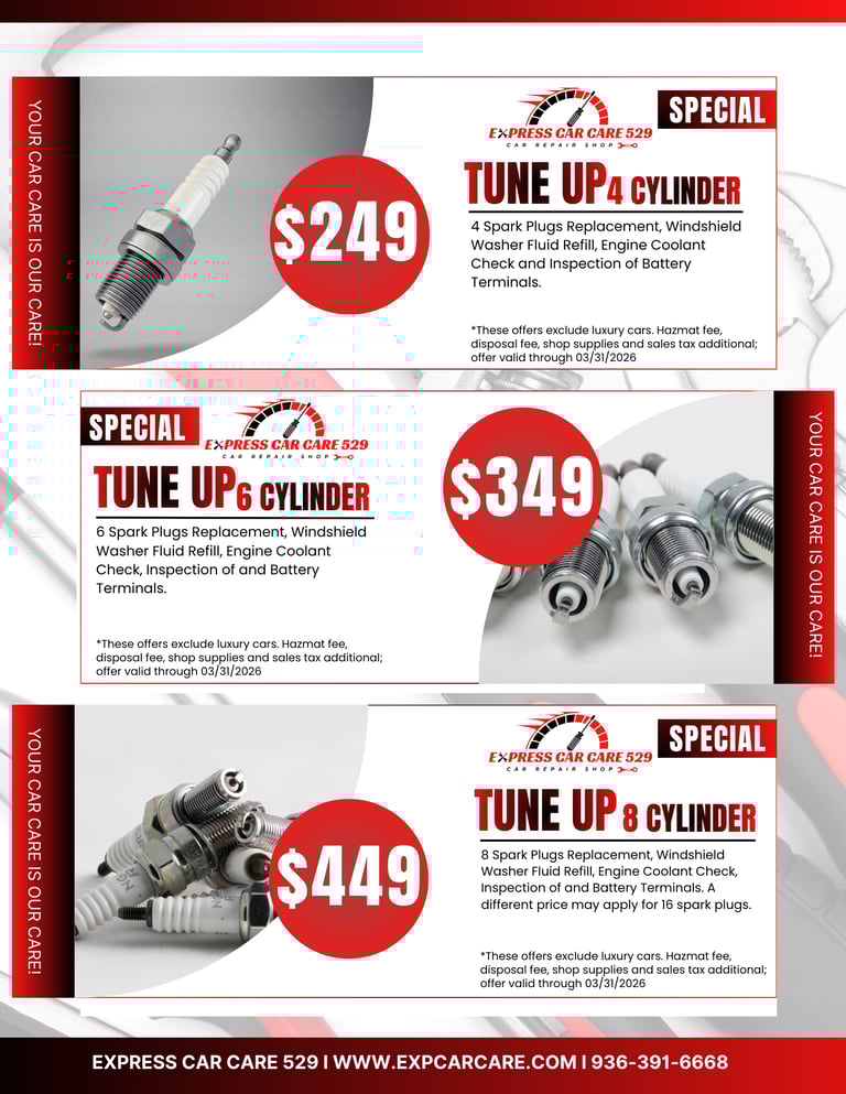 Promotional flyer for 4, 6, and 8 cylinder engine tune-up specials featuring spark plug replacement at Express Car Care 529.