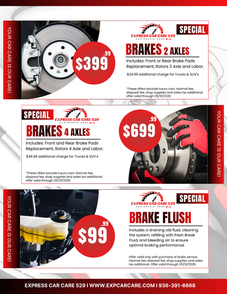 Promotional flyer for Express Car Care 529 featuring brake repair service coupons for 2 or 4 axles and brake fluid flushes.