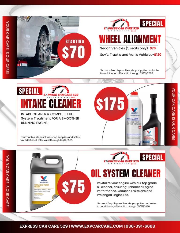Express Car Care 529 promotional flyer offering wheel alignment, intake cleaner, and oil system cleaner service specials.
