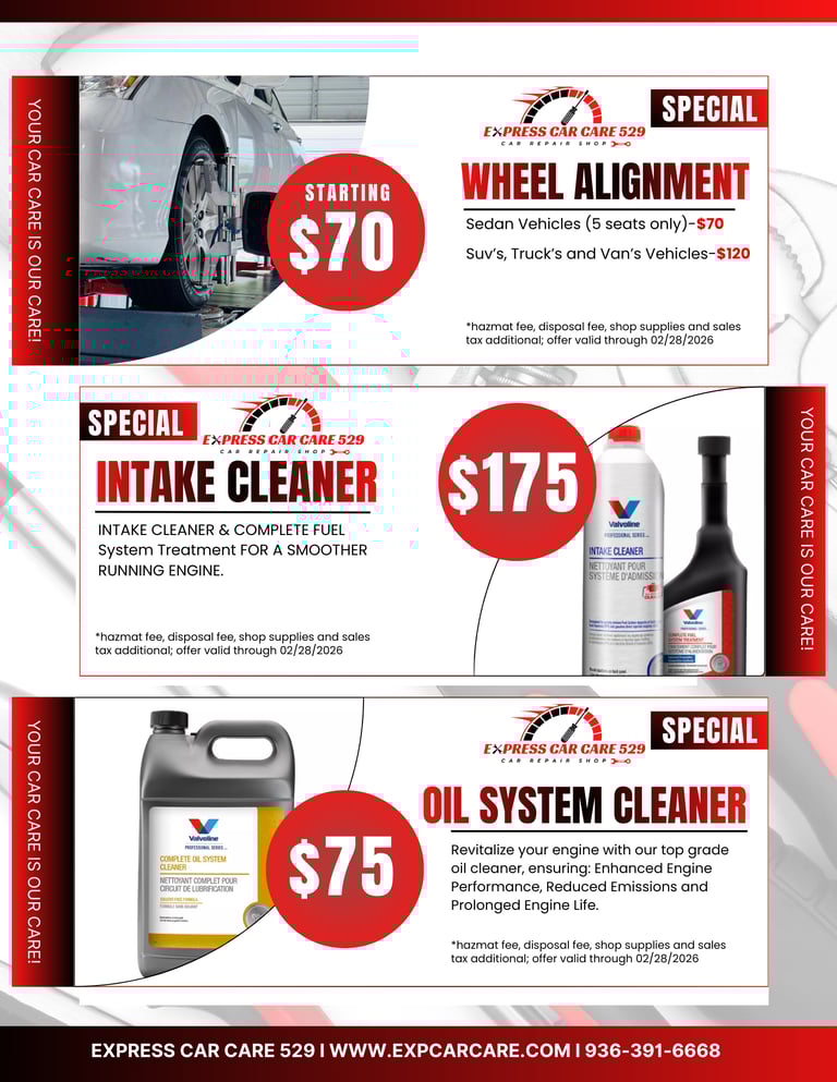 Auto repair shop service coupon for wheel alignment, intake cleaner, and oil system cleaner specials.