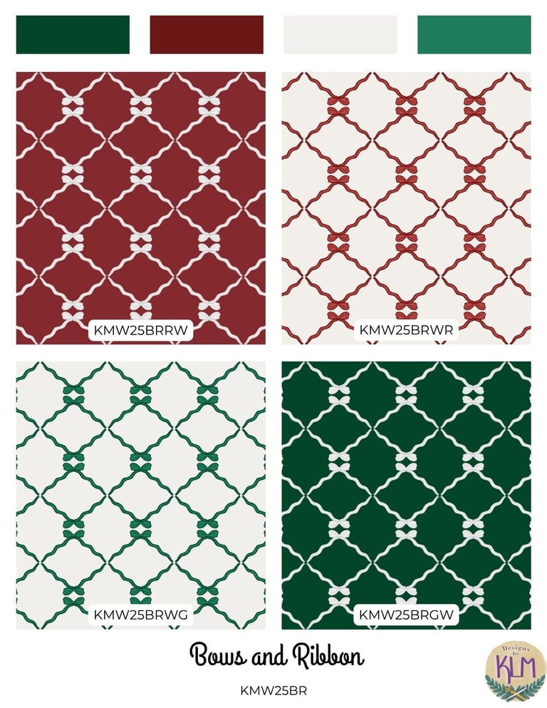 a geometric pattern of bows and ribbon with a traditional christmas color scheme