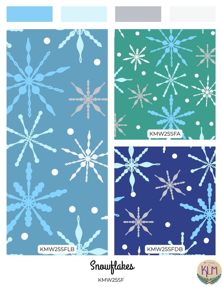 a set of patterns with various snowflakes in shades of blue and grey