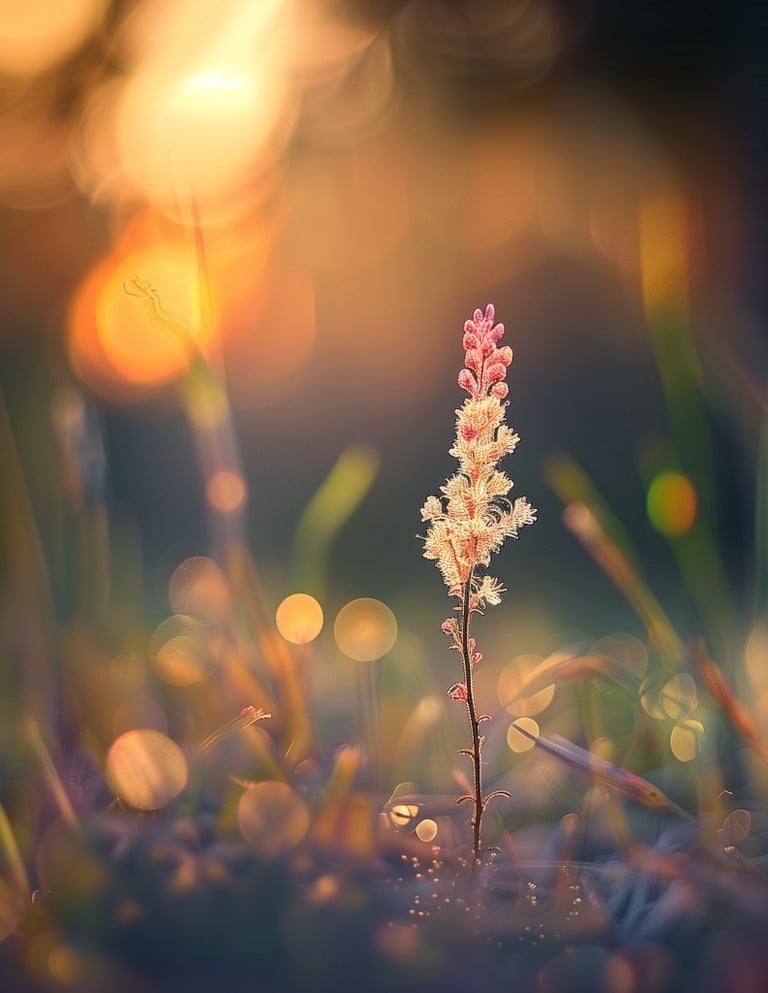 A single flower in the grass with a sun shining in the background creating bokeh