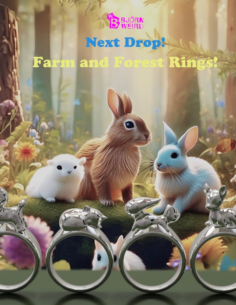 cute Silver ring of forest and farm animals. Fun, Kitsch Cute