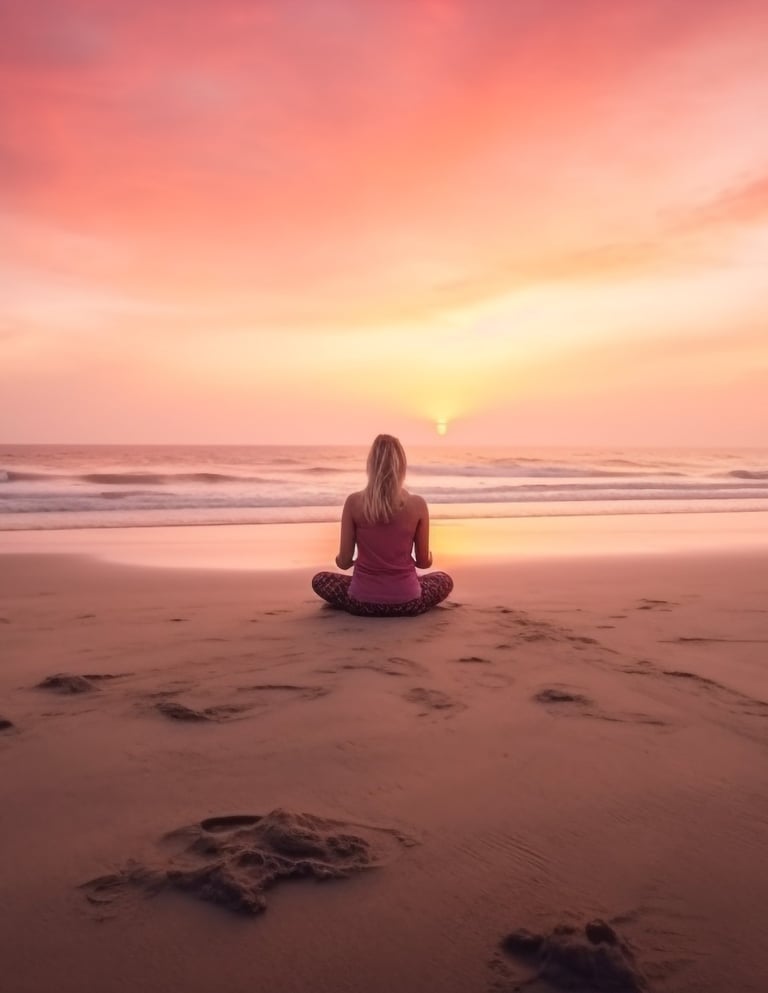 a woman sitting on a beach with a sunset in the background