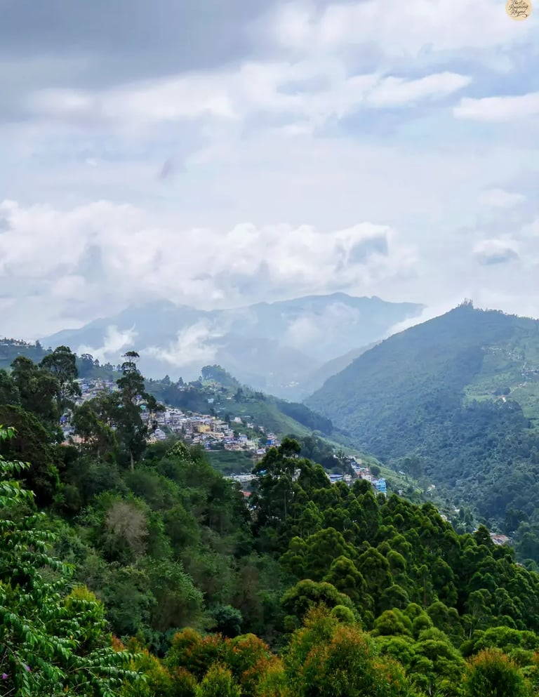 Distant view of Kodaikanal settlement shrouded in mist from Coaker’s Walk.