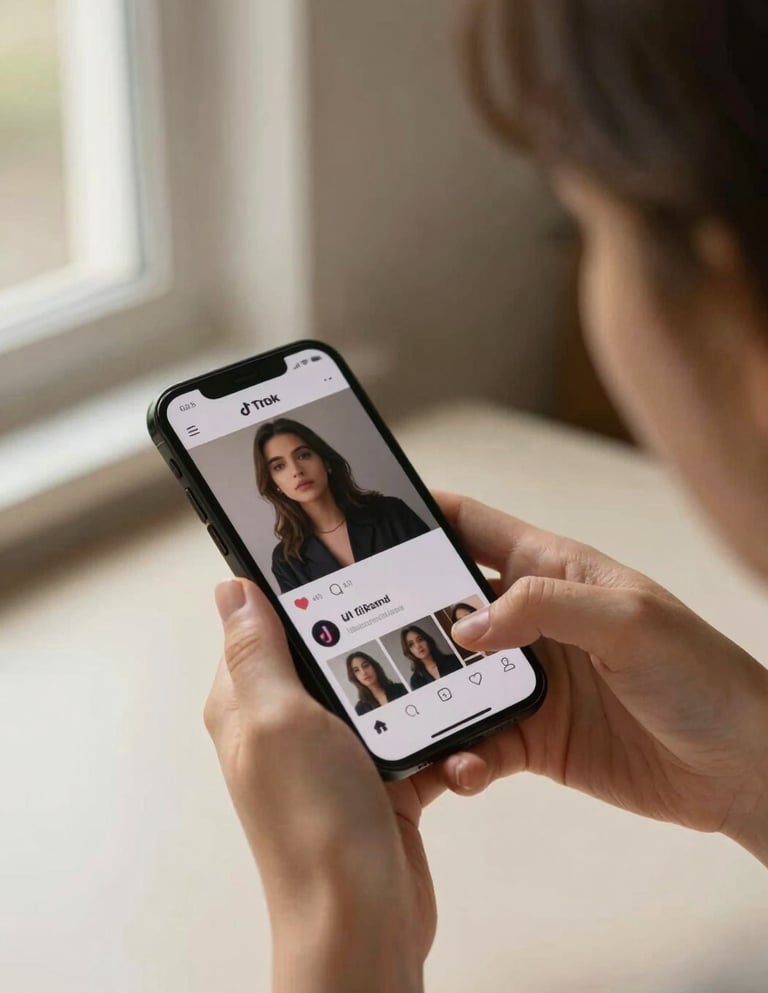 Close-up portrait of a young woman's hands holding a smartphone, TikTok feed visible on screen, warm natural window light from the left, cream-colored desk surface below, shallow depth of field on the phone screen