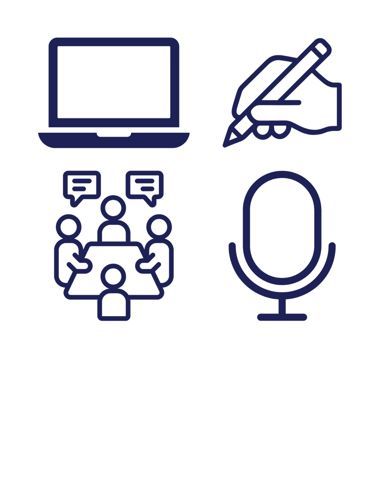a collection of four icons: a microphone, a hand holding a pencil, a laptop, and a group of people