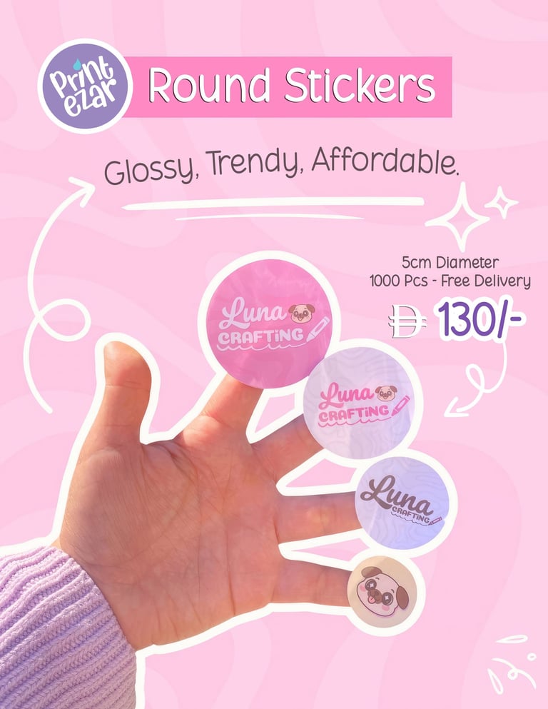 Custom round sticker printing UAE - AED 130 for 1000 pcs glossy stickers by Printezar.