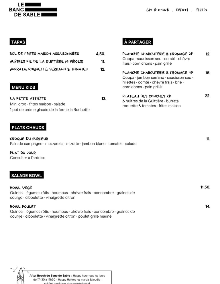 menu le banc de sable 2026