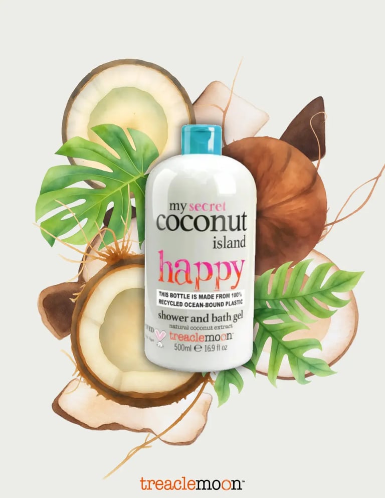 Treaclemoon Coconut Island shower gel with floating coconut pieces and leaves graphic