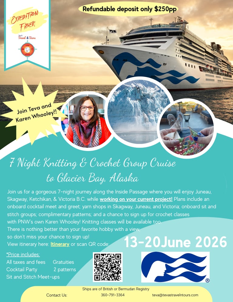 Flyer advertising 7 night knitting & crochet group cruise on Royal Princess, 13-20 June 2026