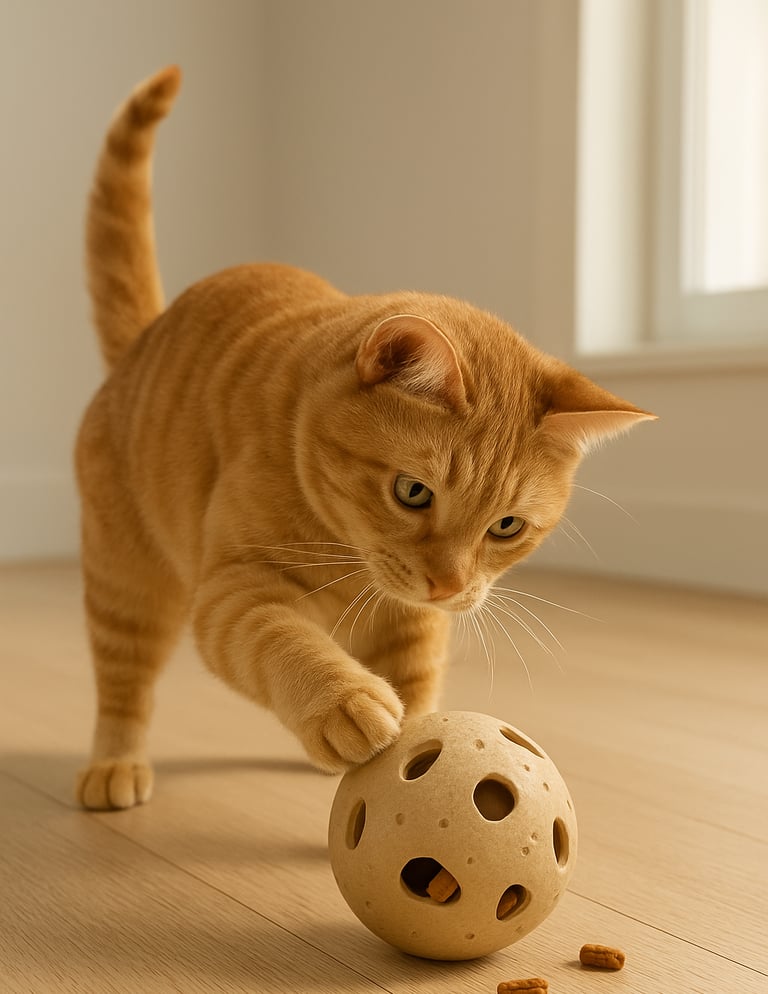 Indoor cat playing with a puzzle feeder.
