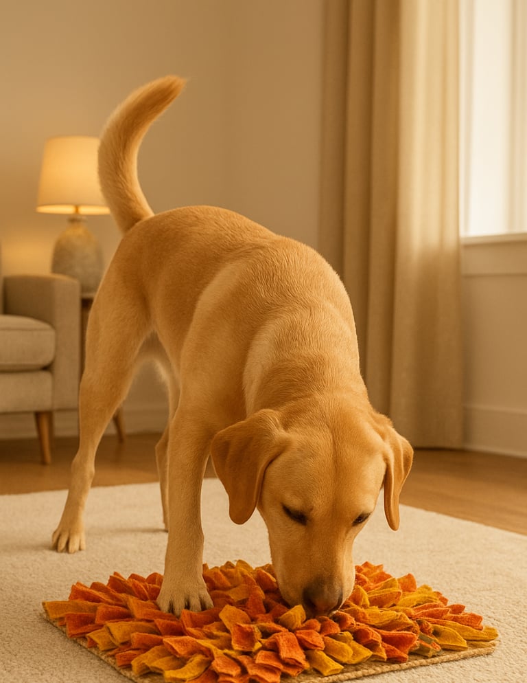 Dog using a snuffle mat for indoor enrichment.