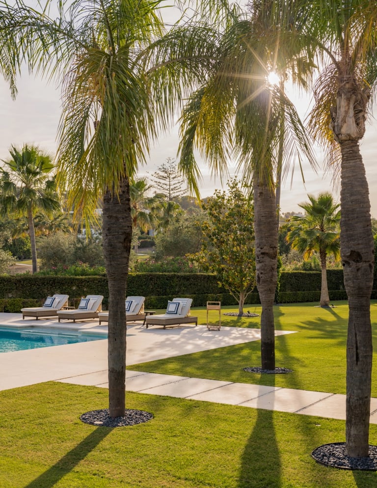 Palm trees and sunlit pool terrace at Villa El Olivo, Marbella