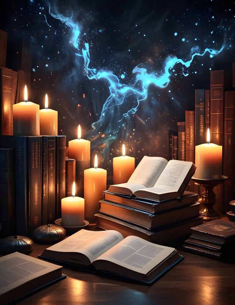 Books and lit candles on a desk with mystical celestial background