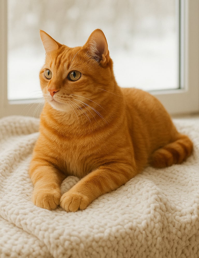 Indoor cat resting on a warm blanket by a window in winter
