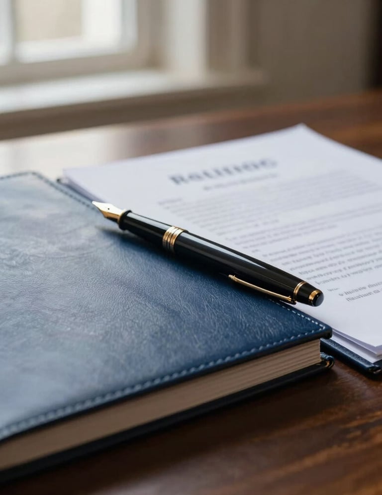 A close-up photograph of a professional British solicitor's desk featuring a high-quality fountain pen, a leather-bound legal folder, and formal parchment documents. The scene is lit with soft, natural morning light through a window, emphasizing a mood of trust and sophisticated professionalism in a UK setting. Palette colors include deep navy and white smoke.