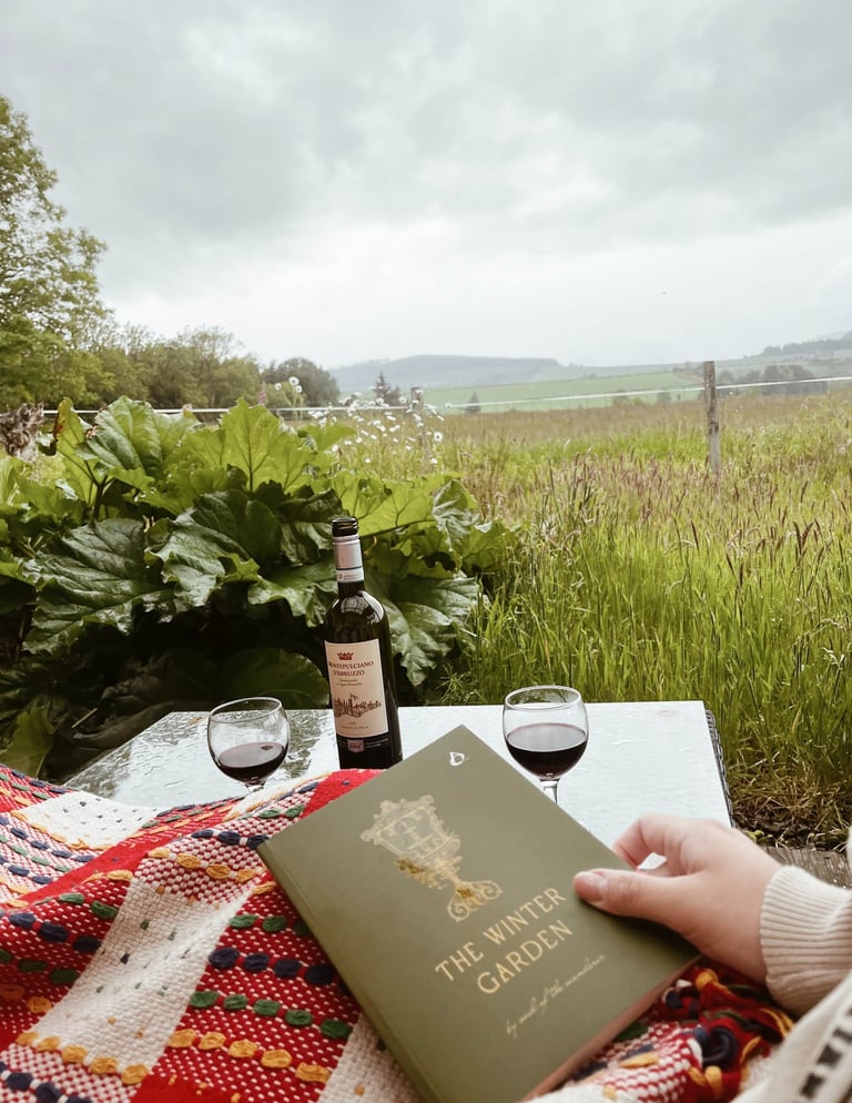 Reading The Winter Garden Poetry Book in the patio with wine