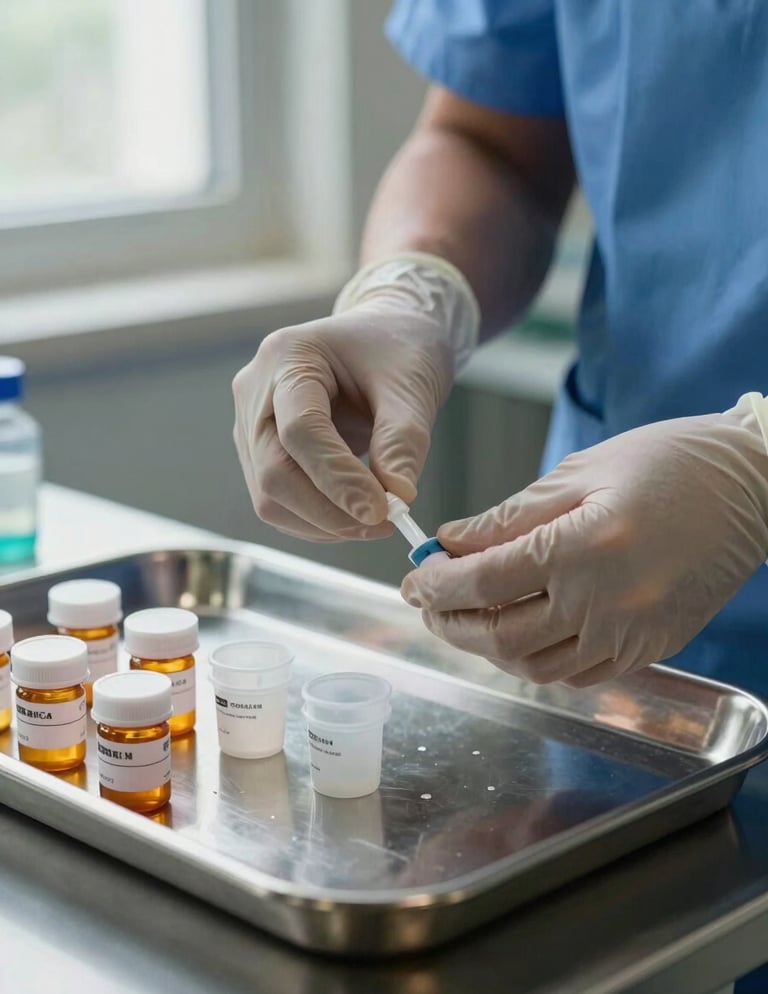 Extreme close-up of a male nurse's hands preparing a medication dose on a stainless steel tray, institutional gloves on, small labeled medication cups in a row, natural north-facing window light from the left, clinical surface in sharp focus — no faces visible