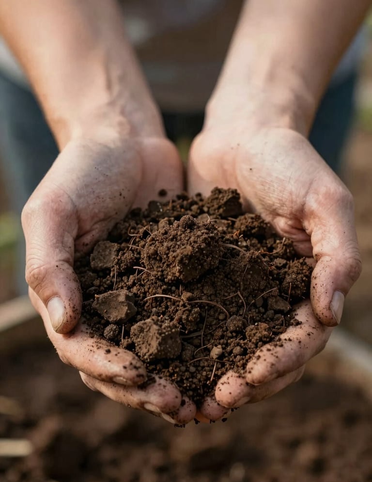 Warm editorial close-up of dark crumbly compost held in weathered hands, soft morning daylight, shallow depth of field