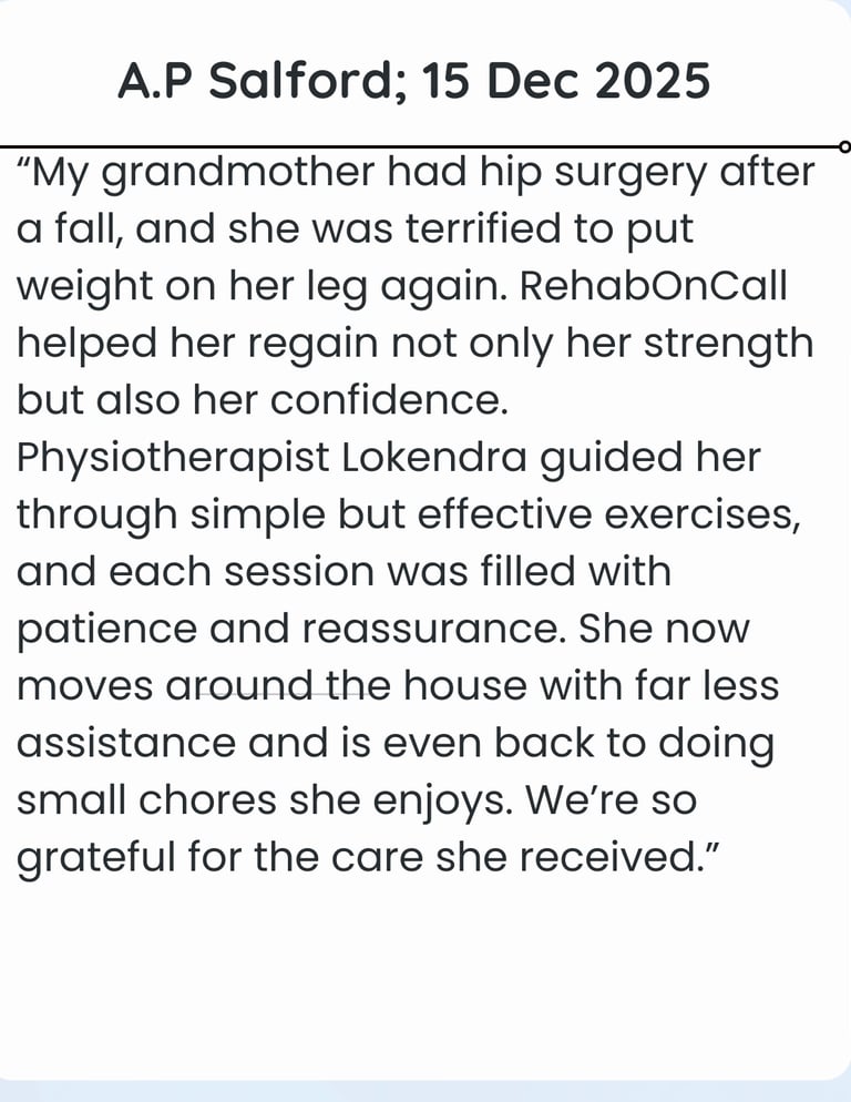 Patients review explaining their recovery journey after hip surgery