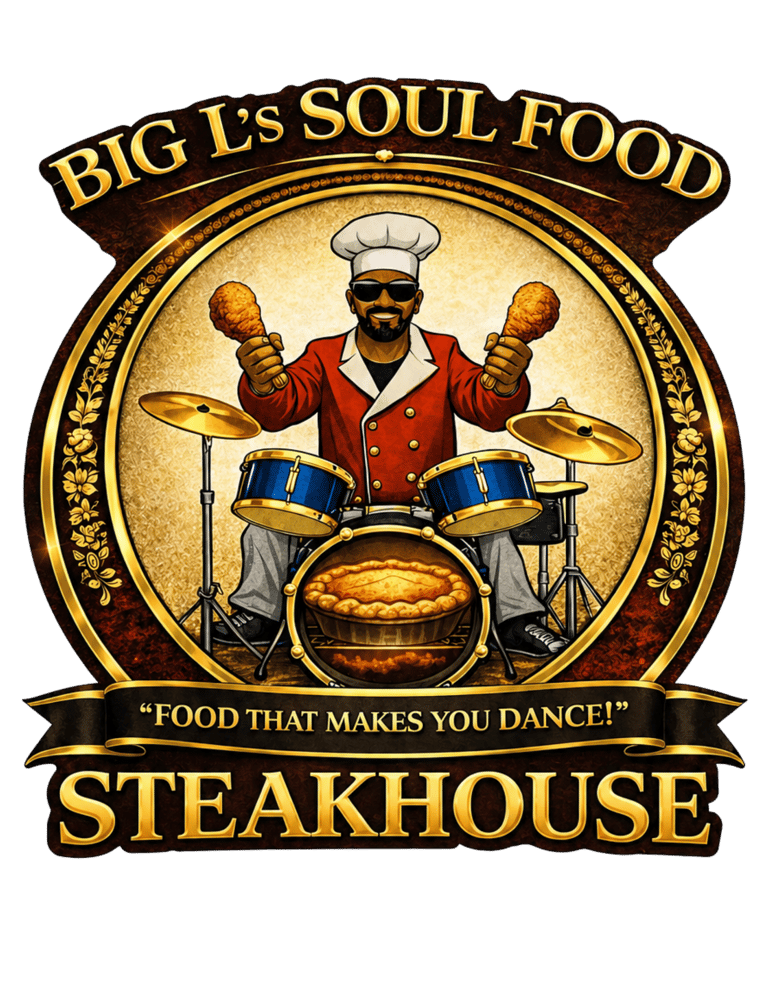 Big L's Soul Food Steakhouse logo featuring a chef playing drums with fried chicken drumsticks.