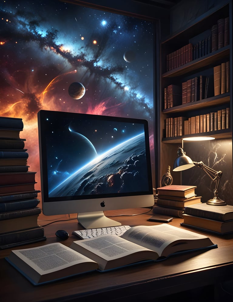 Books and a monitor on a desk with mystic celestial background