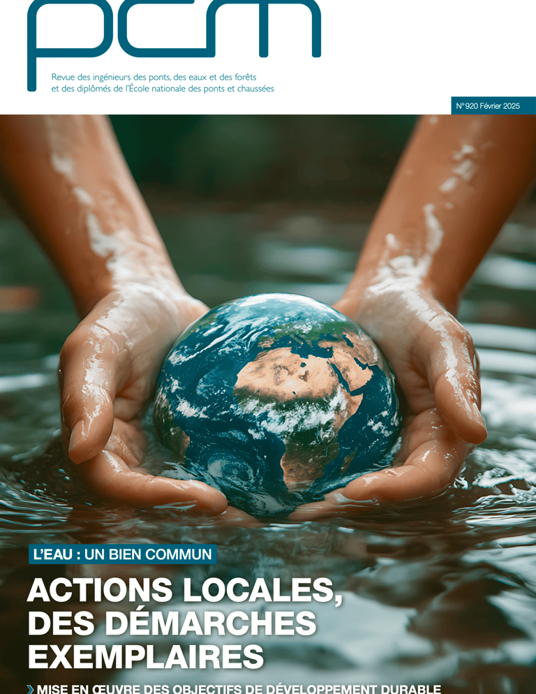 PCM magazine cover featuring hands holding a small globe in water for sustainable water management.