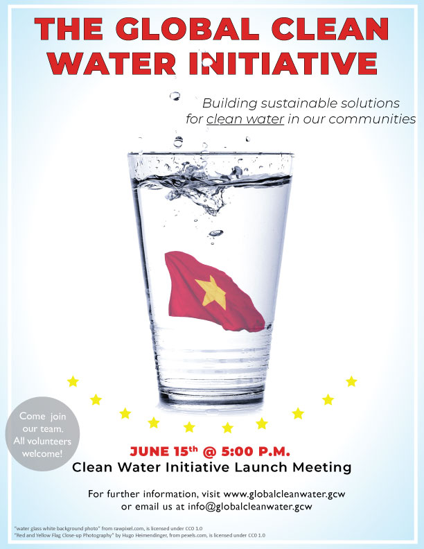 Flyer for The Global Clean Water Initiative with the Vietnamese flag in a glass of water.