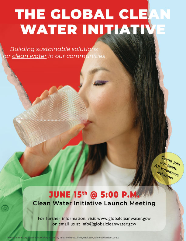 Flyer promoting The Global Clean Water Initiative" launch meeting, featuring a woman drinking water from a glass.