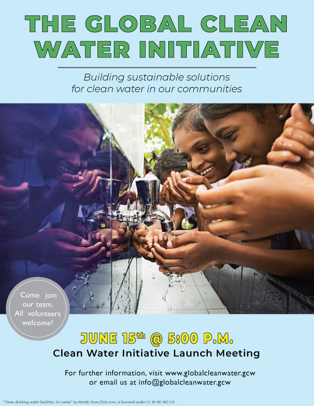 Flyer promoting The Global Clean Water Initiative launch meeting featuring children drink water from a communal tap.