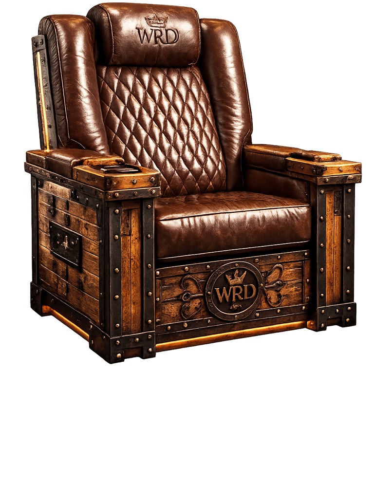 Luxury WRD Master King Chair™ featuring premium leather upholstery, reclaimed wood, forged steel fra