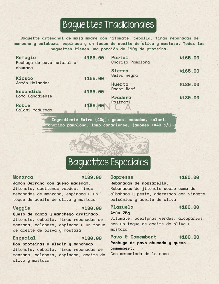 Baguette artesanal con jamón serrano, especialidad de la casa en Finca Narvarte
