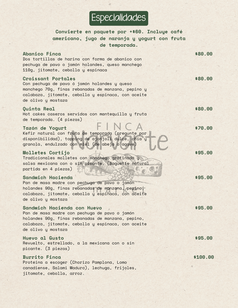 Desayuno completo con café, jugo y hot cakes en Finca Narvarte
