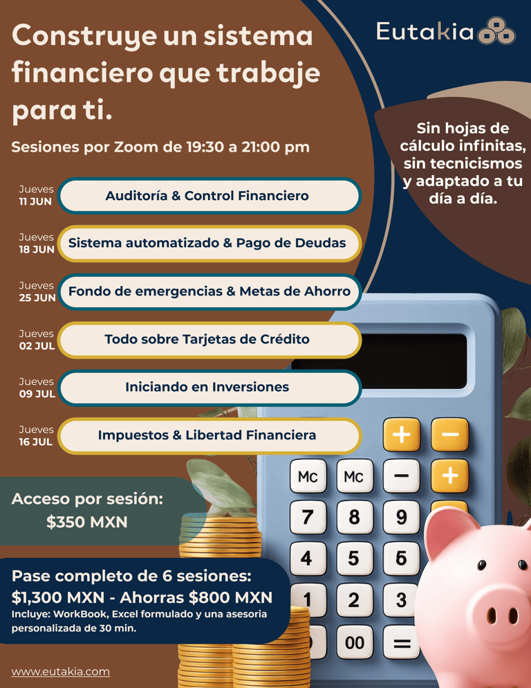Infographic for Eutakia financial education workshop on Zoom covering investment, taxes, and debt management.
