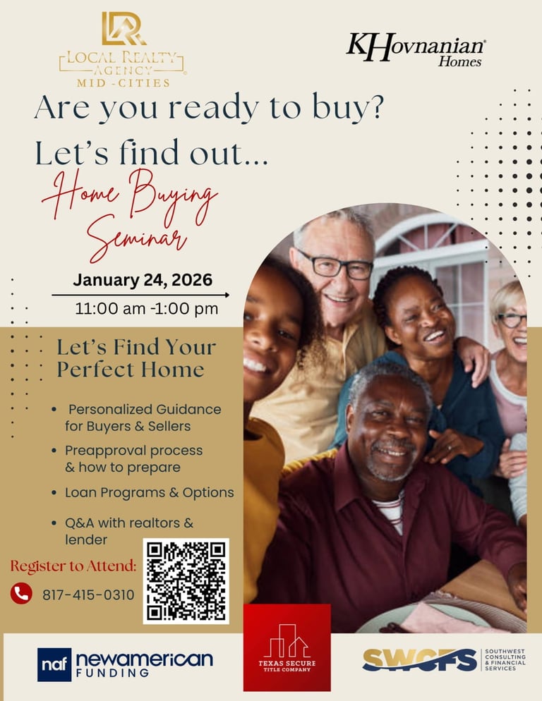 Promotional flyer for a home buying seminar on January 24, 2026, featuring diverse families and real estate advice.