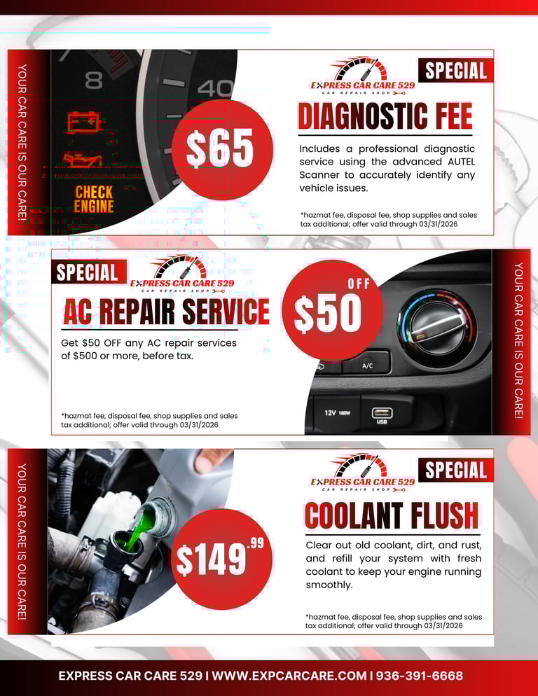 Auto repair coupons for a $65 diagnostic fee, $50 off AC repair, and a $149 coolant flush service.