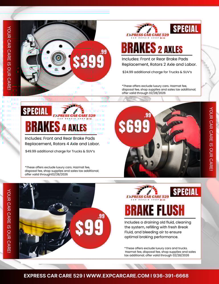Express Car Care 529 brake service specials featuring coupons for 2 axle and 4 axle brake replacement and brake flush.